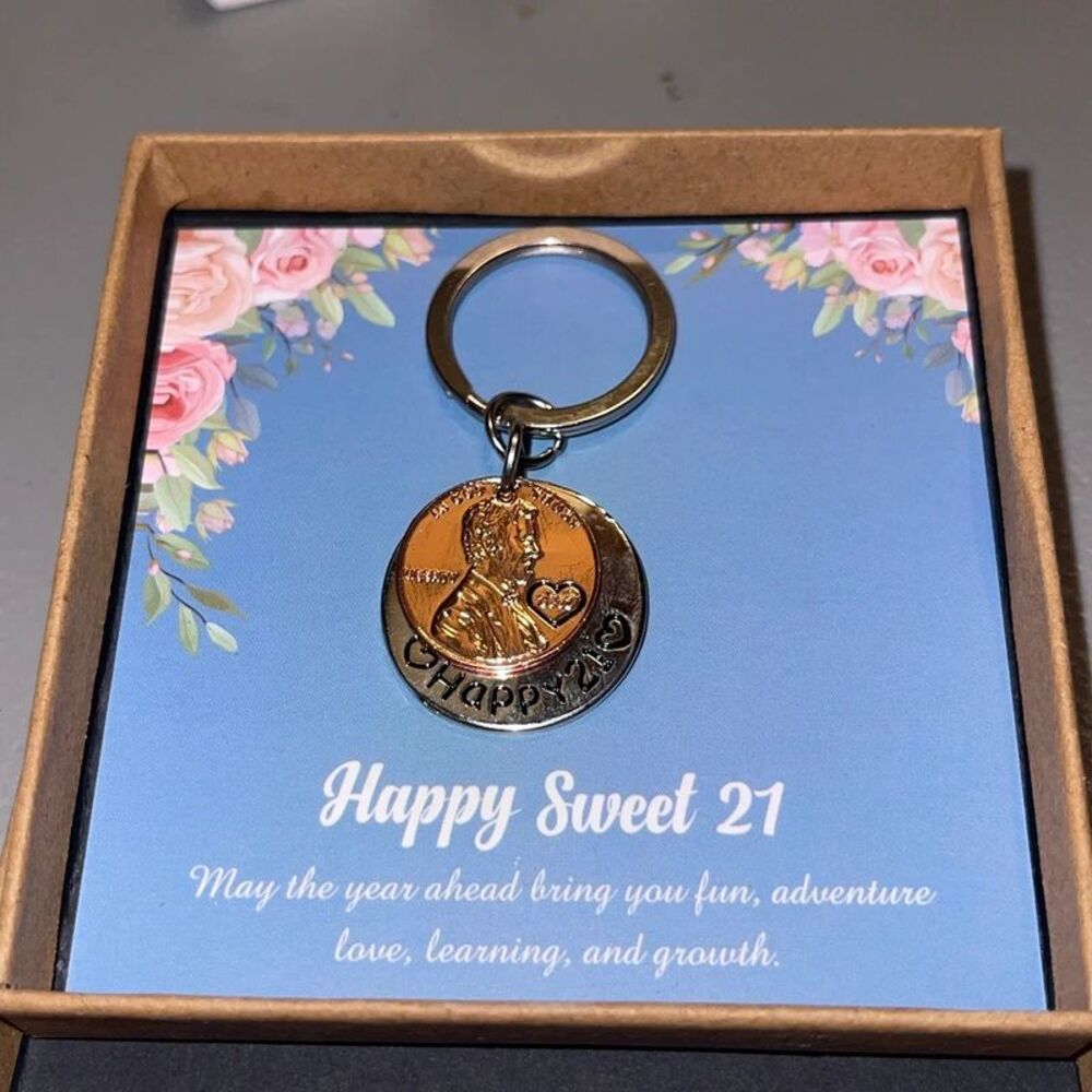 Happy Sweet 21st Birthday Lucky Penny Keychain Gift Box Keepsake Turning 21